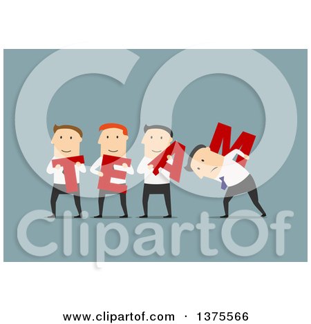 Clipart of a Flat Design White Business Group Holding Team Letters, on Blue - Royalty Free Vector Illustration by Vector Tradition SM