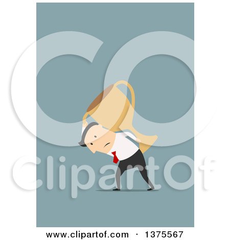 Clipart of a Flat Design White Business Man Carrying a Heavy Trophy, on Blue - Royalty Free Vector Illustration by Vector Tradition SM