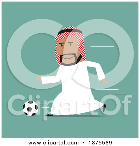 Clipart of a Flat Design Arabian Business Man Playing Soccer, on Green - Royalty Free Vector Illustration by Vector Tradition SM
