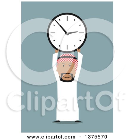 Clipart of a Flat Design Arabian Business Man Holding up a Clock, on Blue - Royalty Free Vector Illustration by Vector Tradition SM