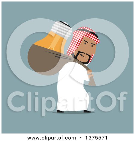 Clipart of a Flat Design Arabian Business Man Stealing an Idea Light Bulb, on Blue - Royalty Free Vector Illustration by Vector Tradition SM