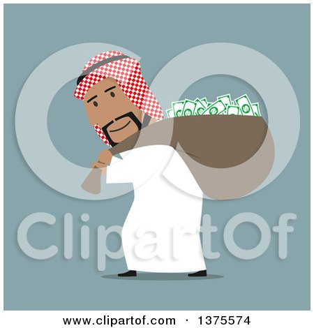 Clipart of a Flat Design Arabian Business Man Stealing Cash Money, on Blue - Royalty Free Vector Illustration by Vector Tradition SM
