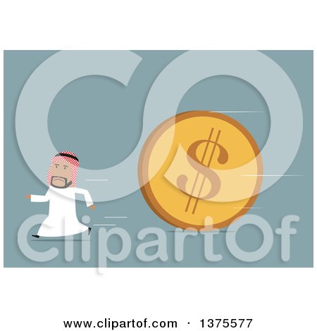 Clipart of a Flat Design Arabian Business Man Running from a Giant Coin, on Blue - Royalty Free Vector Illustration by Vector Tradition SM