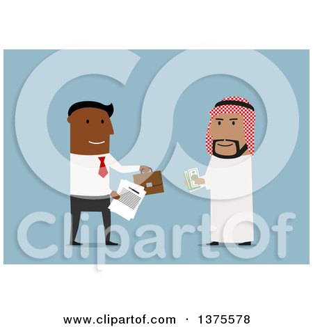 Clipart of Flat Design Black and Arabian Business Men Entering a Business Deal, on Blue - Royalty Free Vector Illustration by Vector Tradition SM