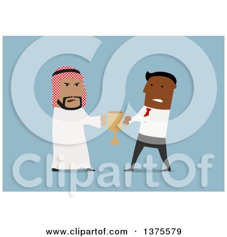 Clipart of Flat Design Arabian and Black Business Men Fighting over a Trophy, on Blue - Royalty Free Vector Illustration by Vector Tradition SM