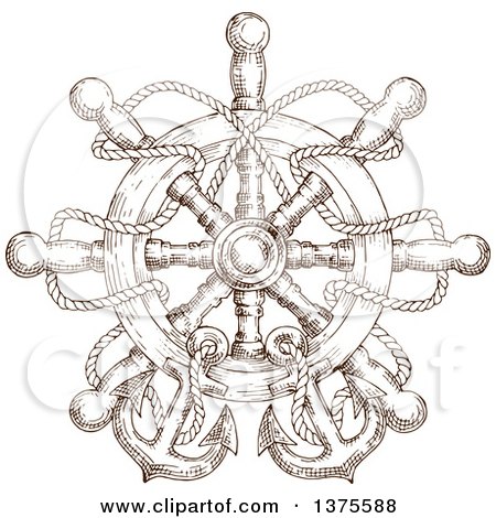 Clipart of Brown Sketched Nautical Anchors, Rope and a Helm - Royalty Free Vector Illustration by Vector Tradition SM