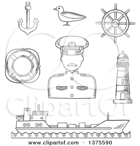 Clipart of a Black and White Sketched Captain in White Uniform, Helm, Ship, Anchor, Lifebuoy, Lighthouse and Seagull - Royalty Free Vector Illustration by Vector Tradition SM