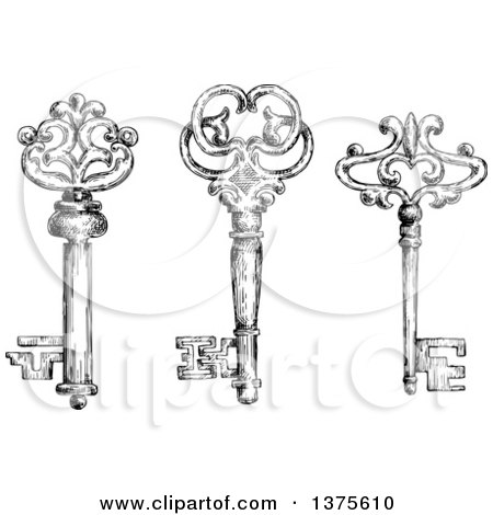 Clipart of Black and White Sketched Skeleton Keys - Royalty Free Vector Illustration by Vector Tradition SM