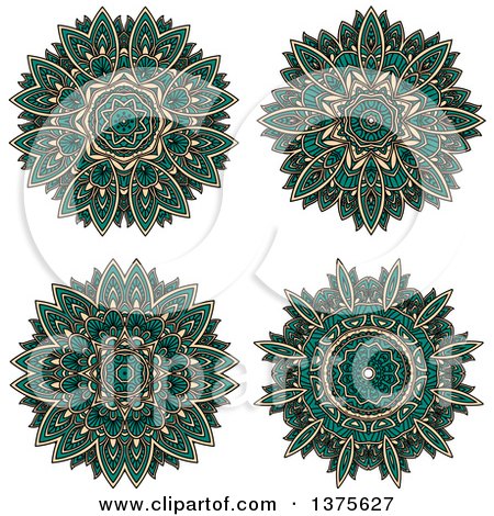 Clipart of Turquoise and Tan Kaleidoscope Flowers - Royalty Free Vector Illustration by Vector Tradition SM