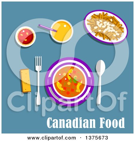 Clipart of a Flat Design Canadian Cuisine with Poutine, French Fries, Cheese Curds and Brown Gravy, Vegetable Stew with Dumplings, Butter Tart and Orange Juice on Blue - Royalty Free Vector Illustration by Vector Tradition SM