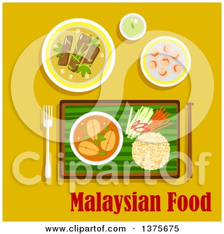 Clipart of a Flat Design Malaysian Cuisine Dinner with Nasi Lemak Rice with Cucumber, Carrot and Pepper Sticks and Fish Curry, Served on Banana Leaf, Beef Rendang, Shrimp with Sesame Seeds and Green Tea on Yellow - Royalty Free Vector Illustration by Vector Tradition SM