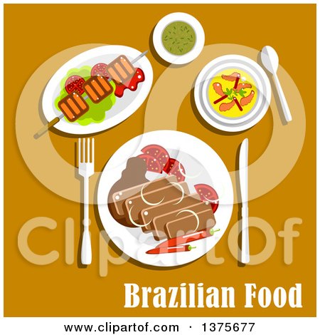 Clipart of Flat Design Brazilian Cuisine with Feijoada Stew with Pork and Beans, Served with Fresh Tomatoes and Chilli Pepper, Grilled Picanha on Lettuce, Creamy Pumpkin Soup with Shrimps and Mate Tea - Royalty Free Vector Illustration by Vector Tradition SM