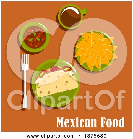 Clipart of a Flat Design Mexican Meal of Tacos with Fried Pork, Tomato and Lettuce on Corn Tortillas, Nachos, Spicy Salsa Sauce and Cup of Coffee on Orange - Royalty Free Vector Illustration by Vector Tradition SM