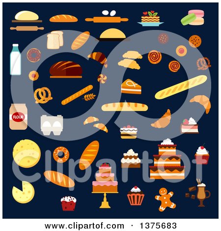Clipart of Flat Design Cakes and Cupcakes with Cream and Fruits, Pies, Buns, Croissants, Cookies, Macarons, Pancakes, Donuts, Pretzels, Baguettes, Long Loaves of Wheat and Rye Bread, Toasts and Dough Ingredients on Navy Blue - Royalty Free Vector Illust by Vector Tradition SM