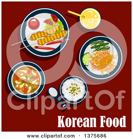 Clipart of a Flat Design Korean Meal of with Rice, Seafood Soup with Shrimp and Vegetables, Marinated Shrimp on Spicy Carrot Salad with Lemon and Seaweed, Bulgogi Skewers Served with Chilli Peppers, Tomatoes, Sauce and Fresh Juice on Red - Royalty Free by Vector Tradition SM