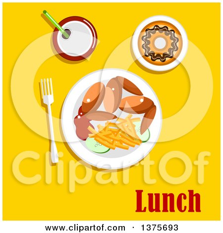 Clipart of a Flat Design Meal of Chicken Wings, French Fries, Cucumbers, a Soda and Donut with Lunch Text on Yellow - Royalty Free Vector Illustration by Vector Tradition SM