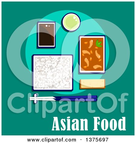 Clipart of a Flat Design Korean Meal of Shrimp and Vegetables in Spicy Sauce, Rice with Chopsticks, Soy Dipping Sauce, Green Tea and Wheat Bread - Royalty Free Vector Illustration by Vector Tradition SM