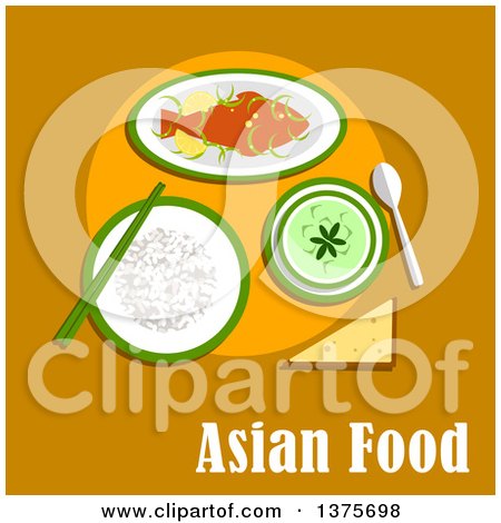 Clipart of Flat Design Meal of Sticky Rice, Crispy Fried Whole Fish in Spicy Lemon Sauce and Thai Green Curry over Asian Food Text on Orange - Royalty Free Vector Illustration by Vector Tradition SM