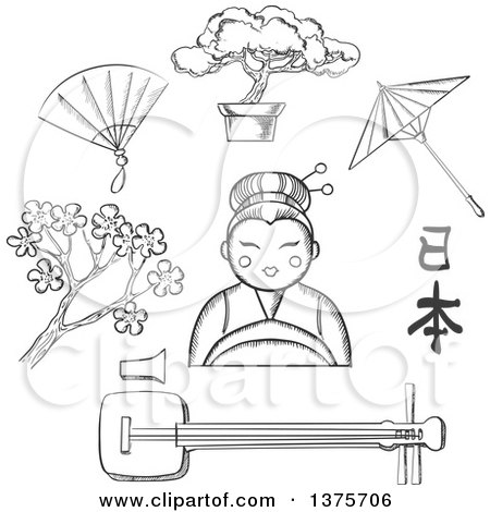 Clipart of a Sketched Cherry Blossom, Fan, Bonsai, Umbrella and Calligraphy Around a Geisha Girl - Royalty Free Vector Illustration by Vector Tradition SM