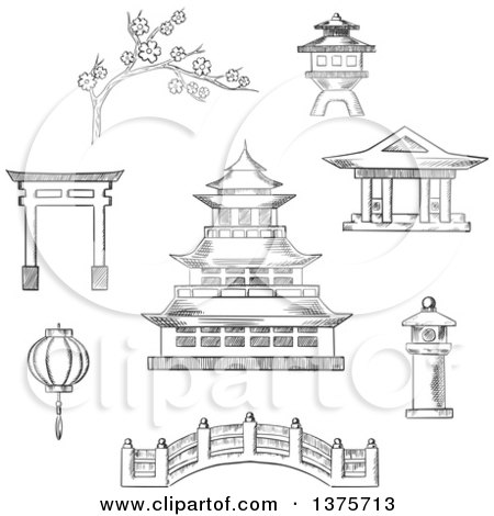 Clipart of a Grayscale Sketched Japanese Pagoda Surrounded by Blossoming Branch of Sakura, Torii Gate, Paper Lantern, Temple and Bridge - Royalty Free Vector Illustration by Vector Tradition SM