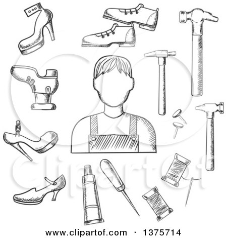 Clipart of a Black and White Sketched Shoemaker with Awl, Heels, Hammer, Glue, Nails and Shoes - Royalty Free Vector Illustration by Vector Tradition SM