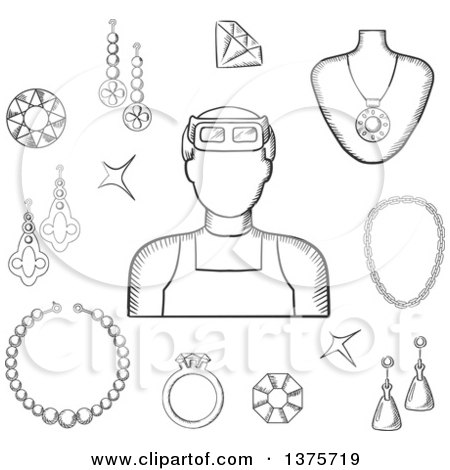 Clipart of a Black and White Sketched Jeweler with Earrings, a Ring and Pendant with Red Gems, Chain, Bracelets and Shining Jewels - Royalty Free Vector Illustration by Vector Tradition SM
