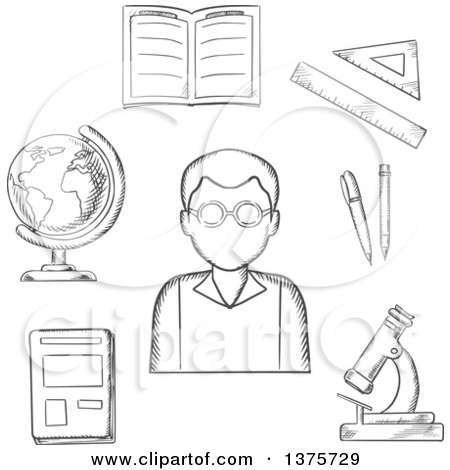 Clipart of a Grayscale Sketched Teacher Surrounded by a Notebook and Pen, Ruler, Book, Open Classwork, Microscope and Globe - Royalty Free Vector Illustration by Vector Tradition SM