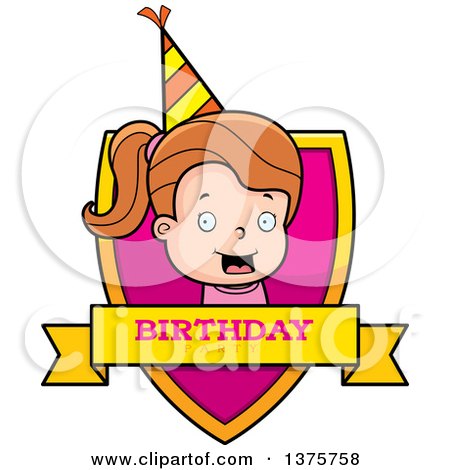 Clipart of a Brunette White Birthday Girl Shield - Royalty Free Vector Illustration by Cory Thoman