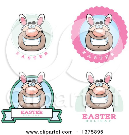 Clipart of Badges of a White Easter Bunny Man in a Costume - Royalty Free Vector Illustration by Cory Thoman