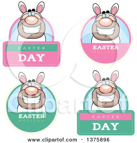 Clipart of Badges of a White Easter Bunny Man in a Costume - Royalty Free Vector Illustration by Cory Thoman