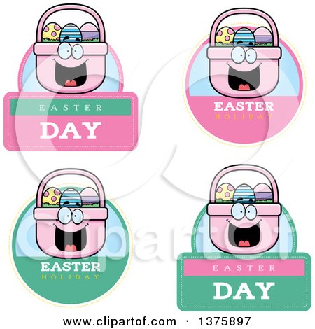 Clipart of Badges of a Happy Easter Basket Mascot - Royalty Free Vector Illustration by Cory Thoman