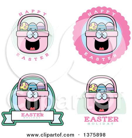 Clipart of Badges of a Happy Easter Basket Mascot - Royalty Free Vector Illustration by Cory Thoman