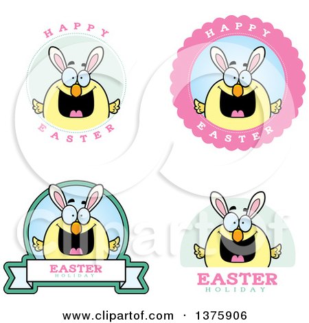 Clipart of Badges of a Happy Easter Chick with Bunny Ears - Royalty Free Vector Illustration by Cory Thoman