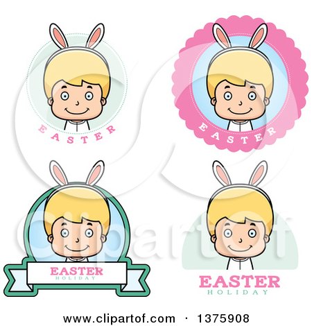 Clipart of Badges of a Blond White Easter Boy Wearing Bunny Ears - Royalty Free Vector Illustration by Cory Thoman