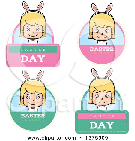 Clipart of Badges of a Blond White Easter Girl Wearing Bunny Ears - Royalty Free Vector Illustration by Cory Thoman