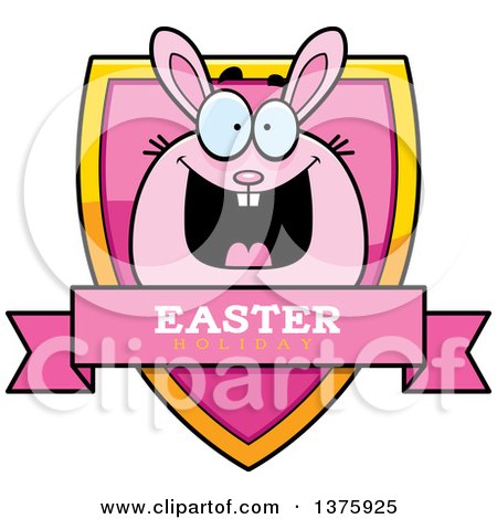 Clipart of a Chubby Pink Easter Bunny Shield - Royalty Free Vector Illustration by Cory Thoman