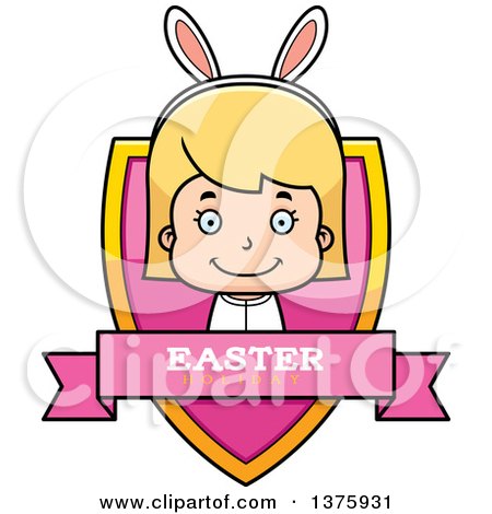 Clipart of a Blond White Easter Girl Wearing Bunny Ears Shield - Royalty Free Vector Illustration by Cory Thoman