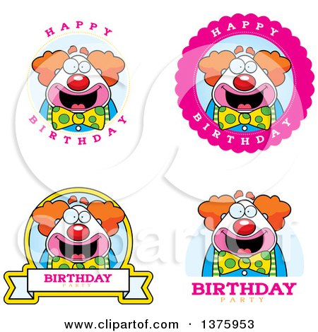 Clipart of Badges of a Happy Pudgy Birthday Party Clown - Royalty Free Vector Illustration by Cory Thoman