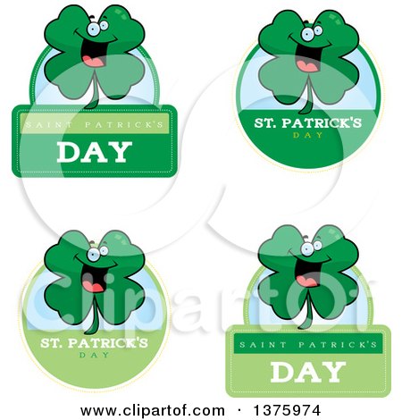 Clipart of Badges of a St Patricks Day Four Leaf Clover Character - Royalty Free Vector Illustration by Cory Thoman
