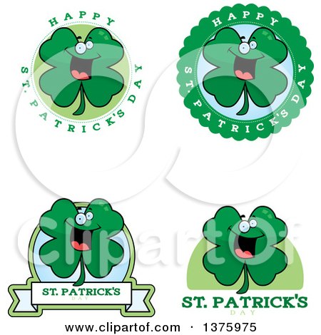 Clipart of Badges of a St Patricks Day Four Leaf Clover Character - Royalty Free Vector Illustration by Cory Thoman