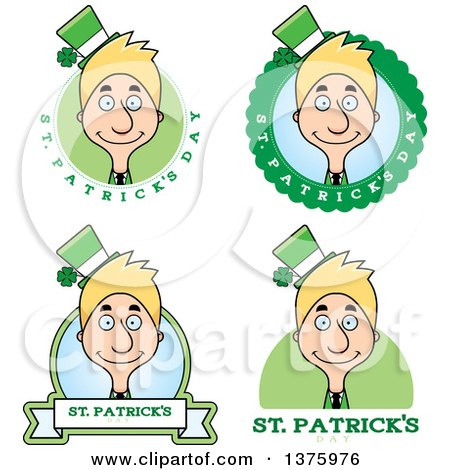 Clipart of Badges of a Skinny Blond White Male Irish St Patricks Day Leprechaun - Royalty Free Vector Illustration by Cory Thoman
