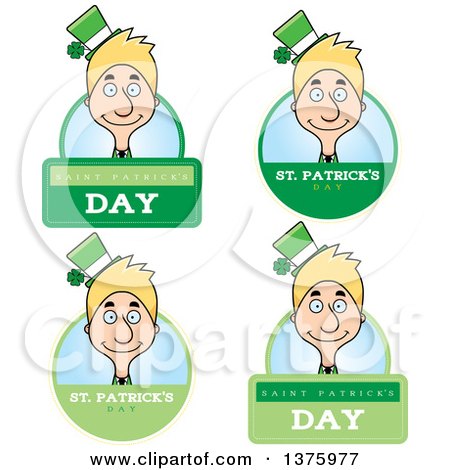 Clipart of Badges of a Skinny Blond White Male Irish St Patricks Day Leprechaun - Royalty Free Vector Illustration by Cory Thoman