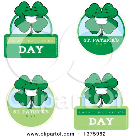 Clipart of Badges of a Happy Four Leaf Clover Character - Royalty Free Vector Illustration by Cory Thoman