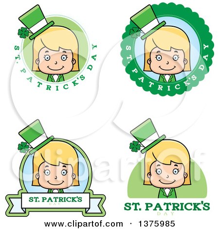 Clipart of Badges of a Blond White St Patricks Day Girl - Royalty Free Vector Illustration by Cory Thoman