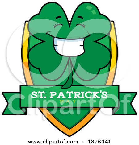 Clipart of a Happy Four Leaf Clover Character Shield - Royalty Free Vector Illustration by Cory Thoman
