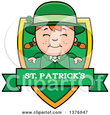 Clipart of a Red Haired Irish St Patricks Day Girl Shield - Royalty Free Vector Illustration by Cory Thoman