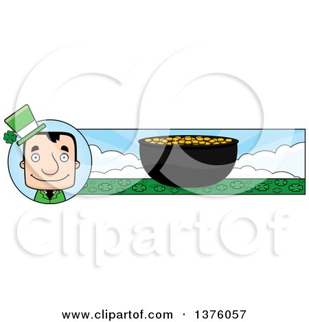 Clipart of a Block Headed White Irish St Patricks Day Man and Pot of Gold Banner - Royalty Free Vector Illustration by Cory Thoman