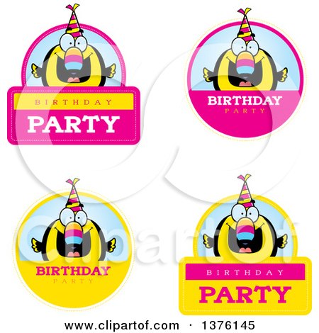 Clipart of Badges of a Happy Birthday Toucan Wearing a Party Hat - Royalty Free Vector Illustration by Cory Thoman