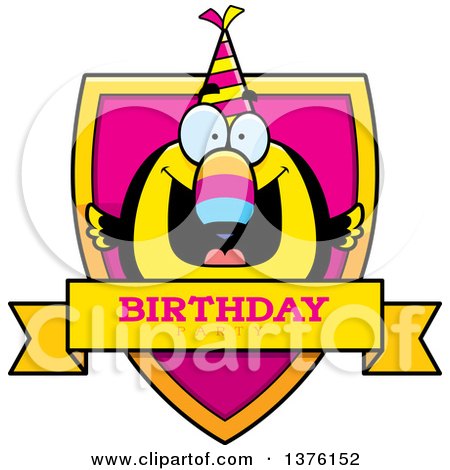 Clipart of a Happy Birthday Toucan Wearing a Party Hat Shield - Royalty Free Vector Illustration by Cory Thoman