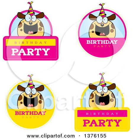 Clipart of Badges of a Happy Birthday Dog Wearing a Party Hat - Royalty Free Vector Illustration by Cory Thoman